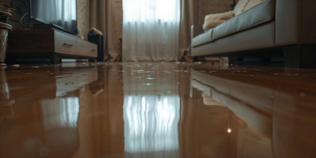 Water flooding a living room floor, reflecting furniture and a window with curtains.