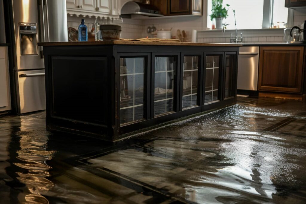 Kitchen floor flooded with water around a black kitchen island and stainless steel appliances.
