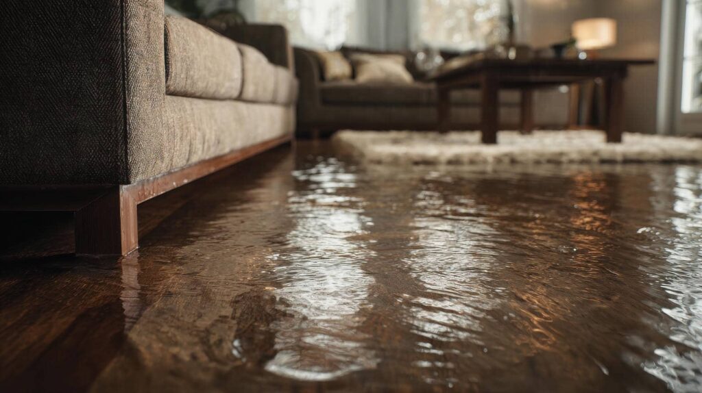 Living room floor flooded with water near a sofa and coffee table.