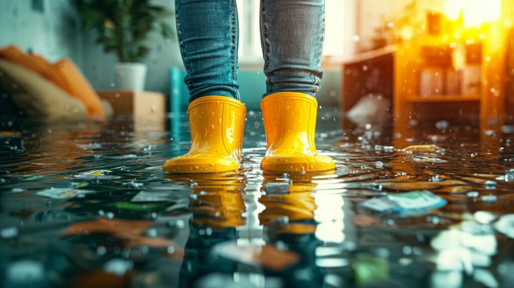 Person wearing yellow rain boots standing in a flooded room with water and floating debris.