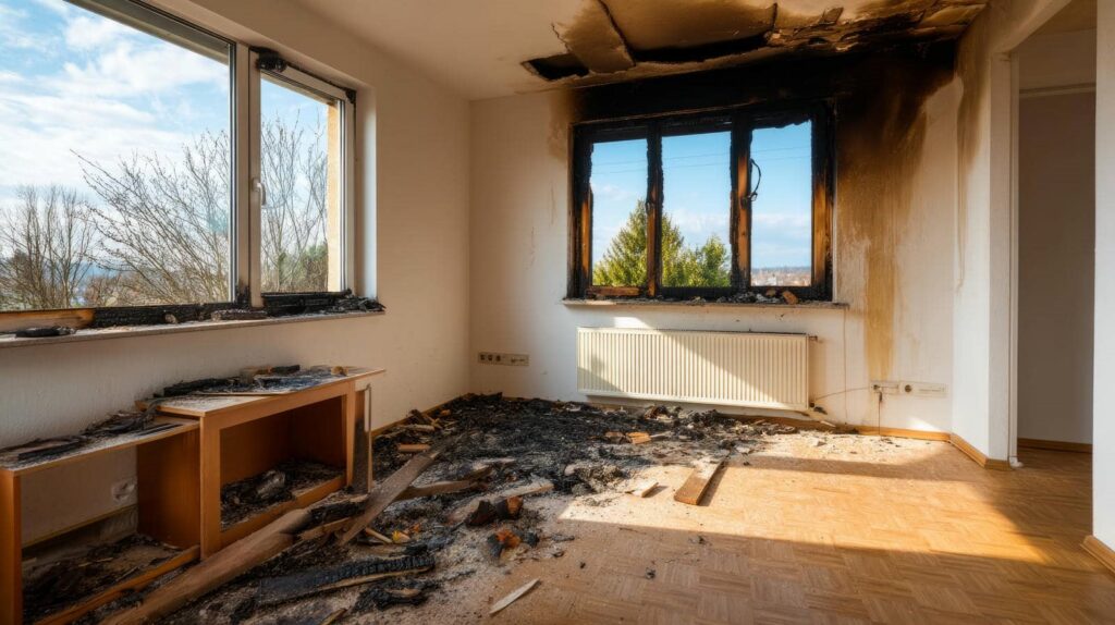 Room with fire damage, charred floor, walls, and window frames.
