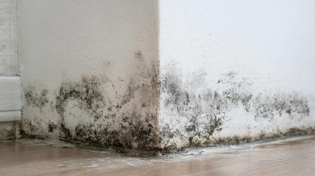 Black mold growth on the lower corner of white interior walls near the floor.