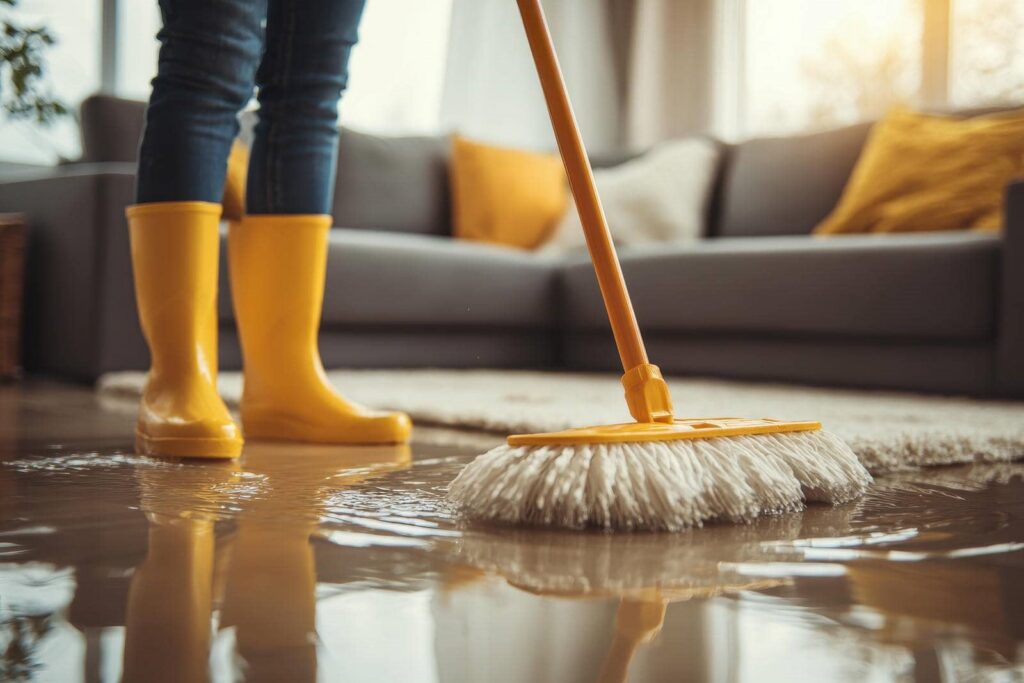 Person in yellow boots mopping a flooded living room floor with a gray couch in the background.