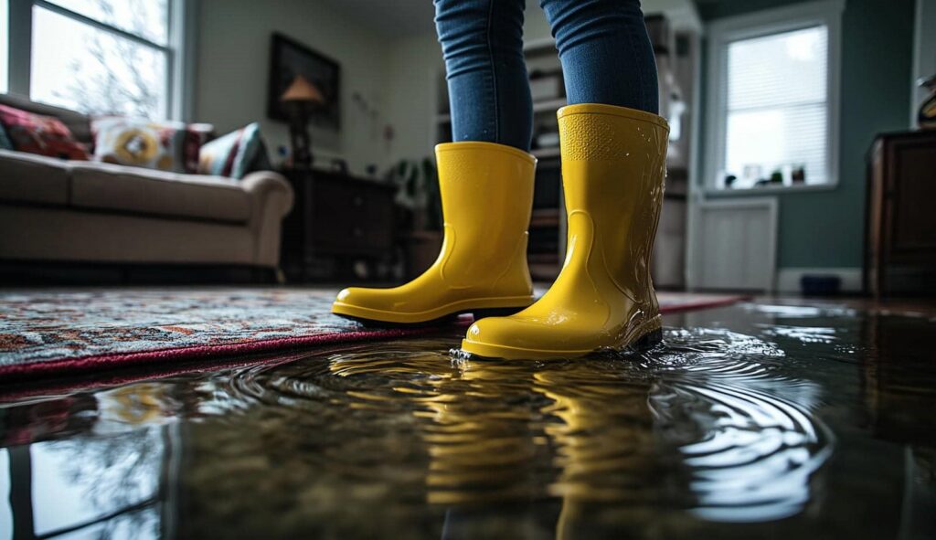 Person wearing yellow rain boots standing in a flooded living room with water ripples on the floor.