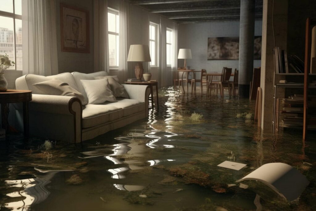 Living room and dining area flooded with water and floating debris.