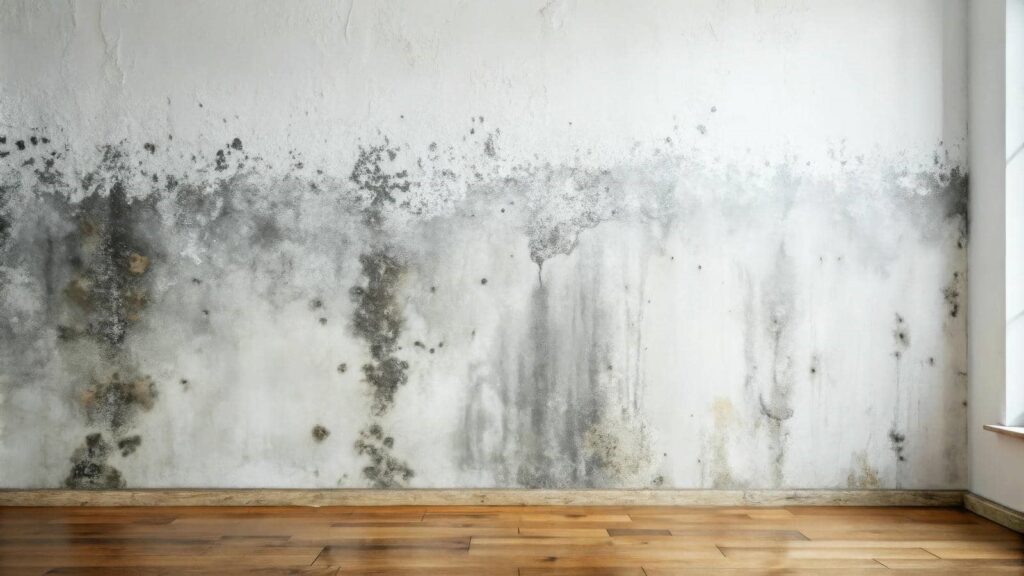 Wall with extensive black mold damage above a wooden floor near a window.