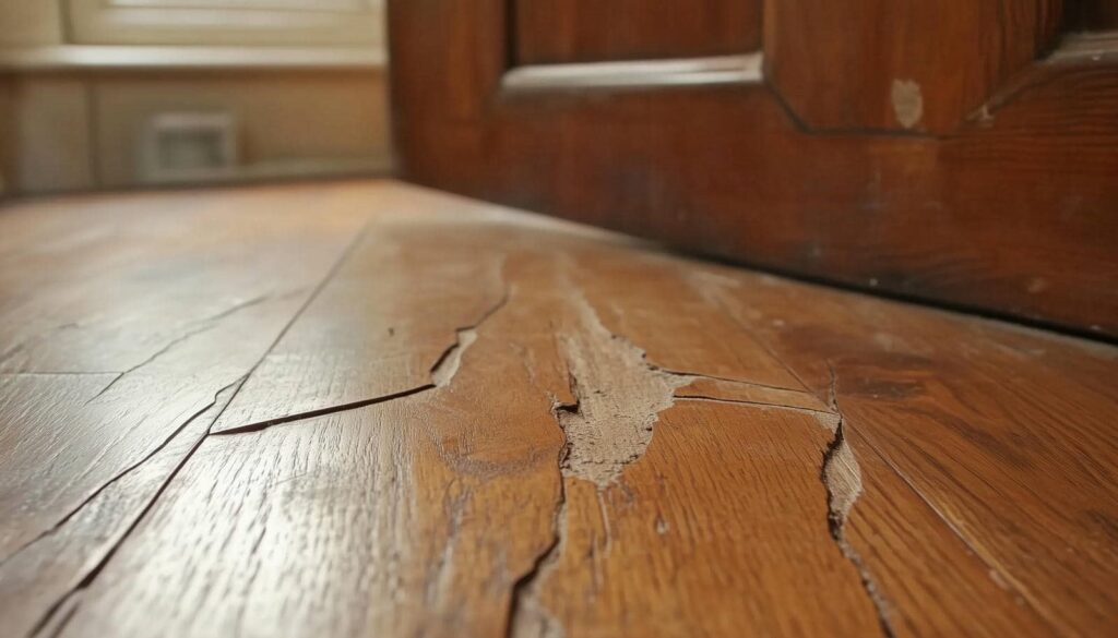 Close-up of cracked and peeling wooden floorboards near a door.