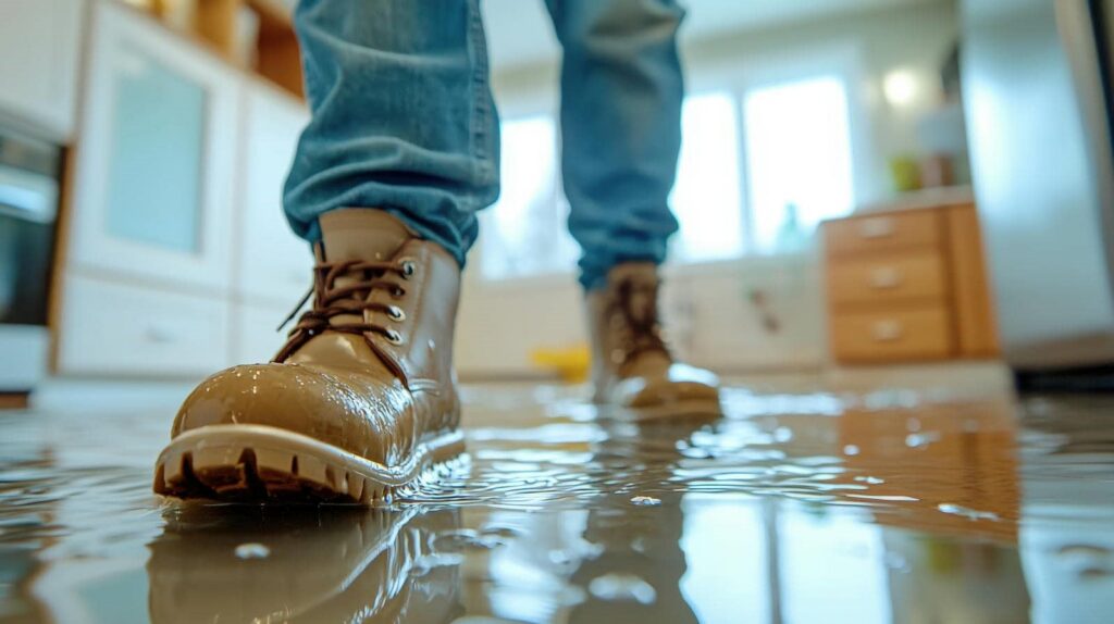 Person wearing boots walking through a flooded kitchen floor with water reflections.