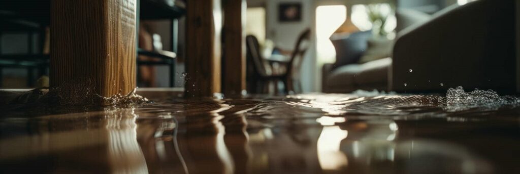 Flooded living room with water rippling around wooden furniture legs.