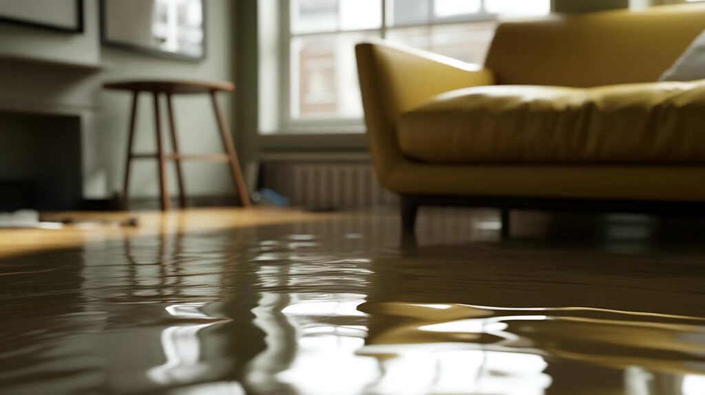Water flooding a living room floor near a yellow sofa and wooden stool.