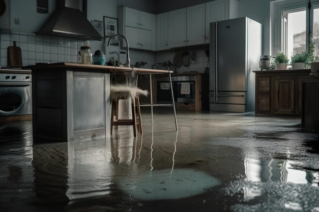 Kitchen flooded with water covering the floor and reflecting furniture and appliances.