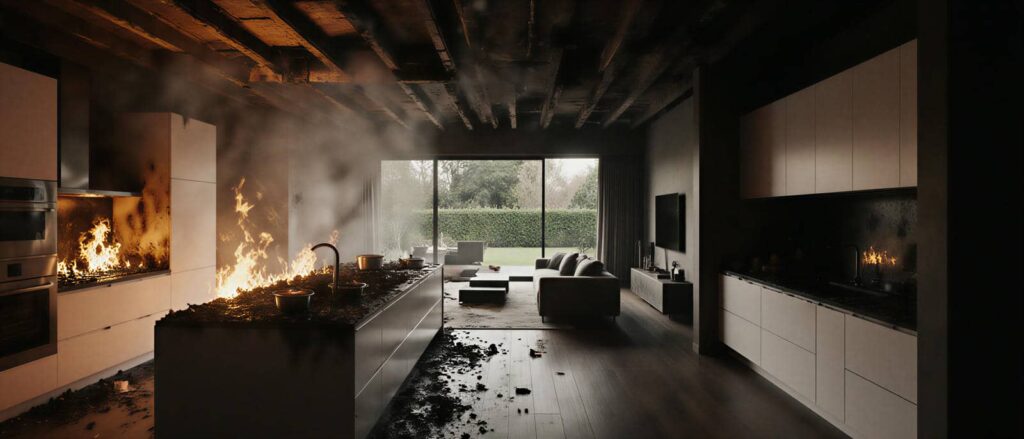 Modern kitchen and living room with multiple fires burning on countertops and appliances.