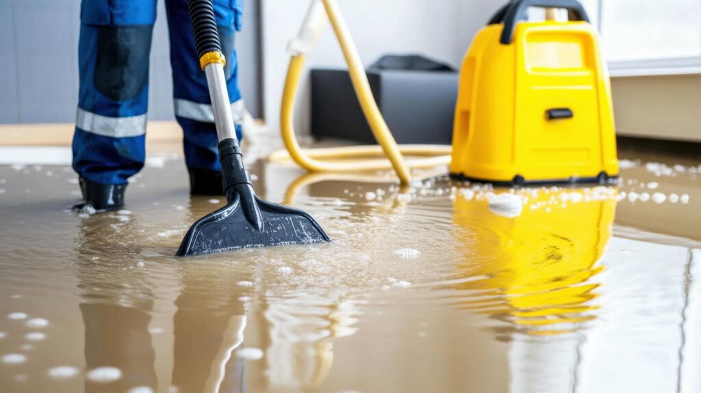 Person using a wet vacuum to remove water from a flooded indoor floor.