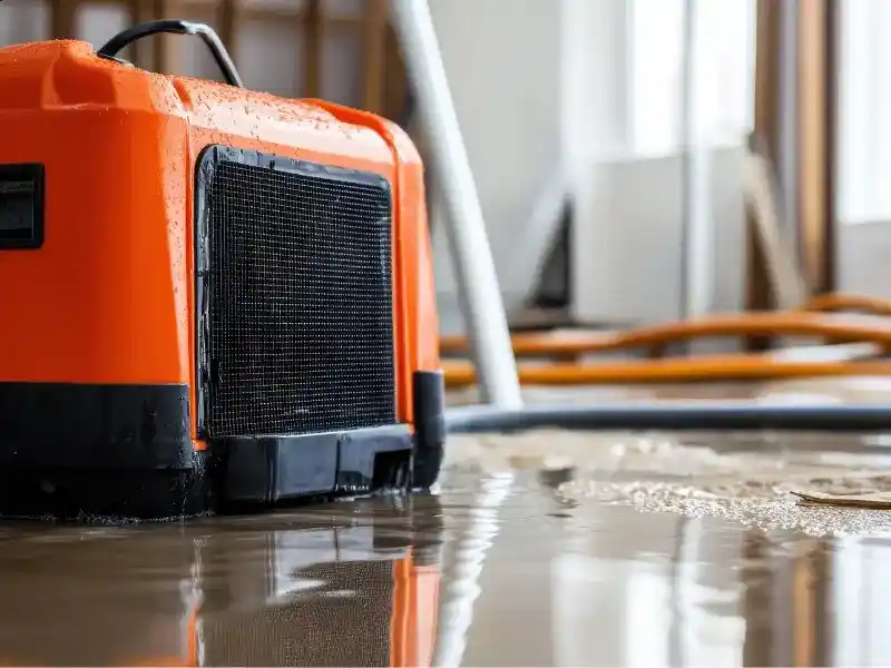 Orange water pump partially submerged in flooded indoor floor. water damage restoration