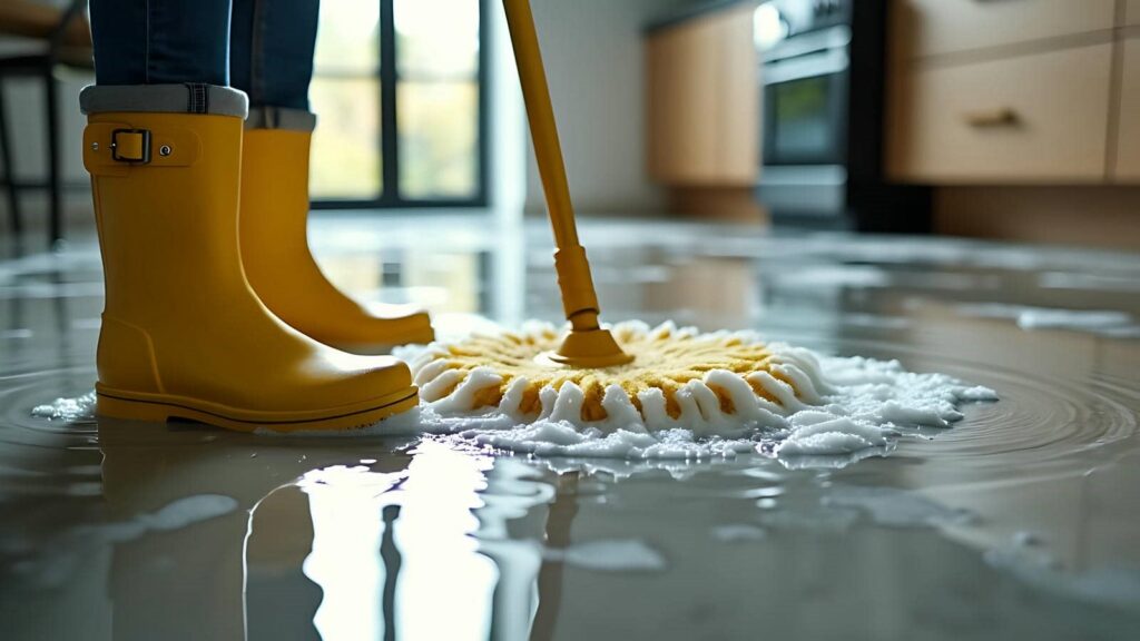 Person wearing yellow rain boots mopping a wet, soapy kitchen floor.