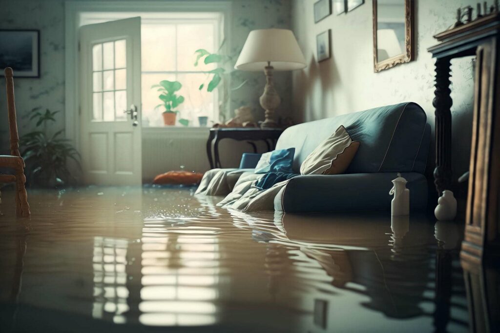 Living room flooded with water nearly covering a sofa and furniture.