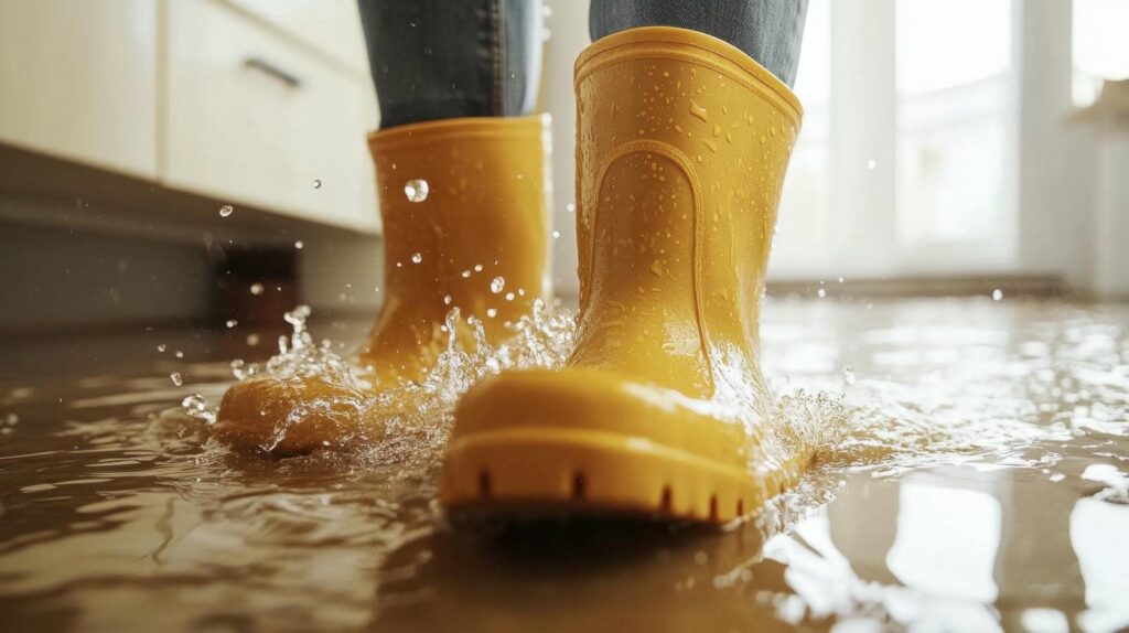 Yellow rain boots splashing in indoor floodwater.