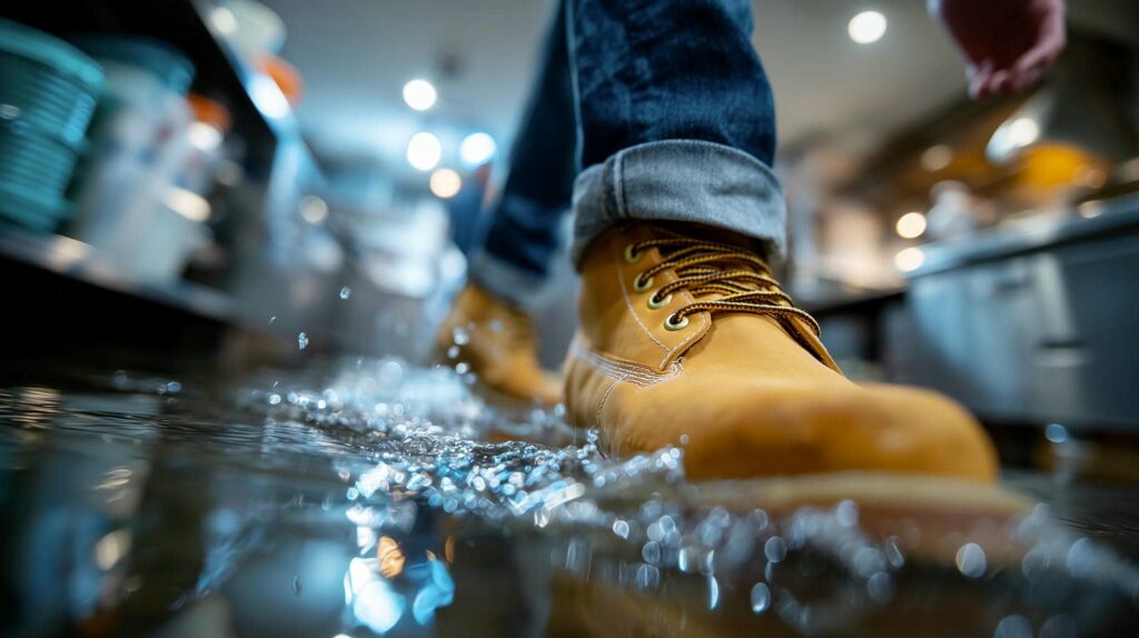 Close-up of a person wearing yellow boots stepping through a puddle of water indoors.