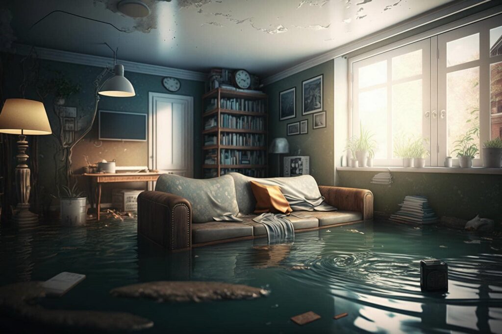 Living room partially flooded with water, showing a sofa, bookshelf, and sunlight through a window.
