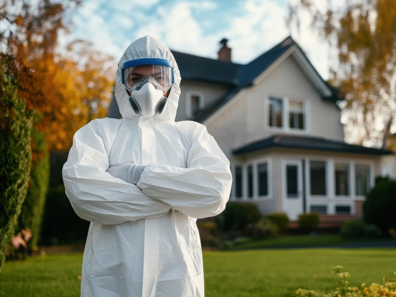 Person in full protective suit and mask standing with arms crossed outside a house. biohazard cleanup services