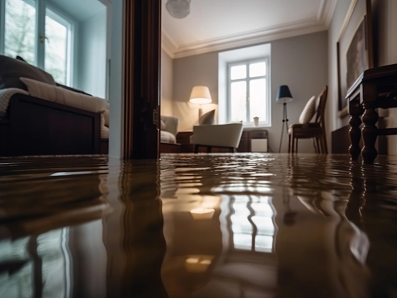 Living room flooded with water reflecting furniture and windows. flood damage restoration