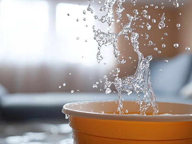 Water splashing out of an orange bucket indoors with a blurred background.