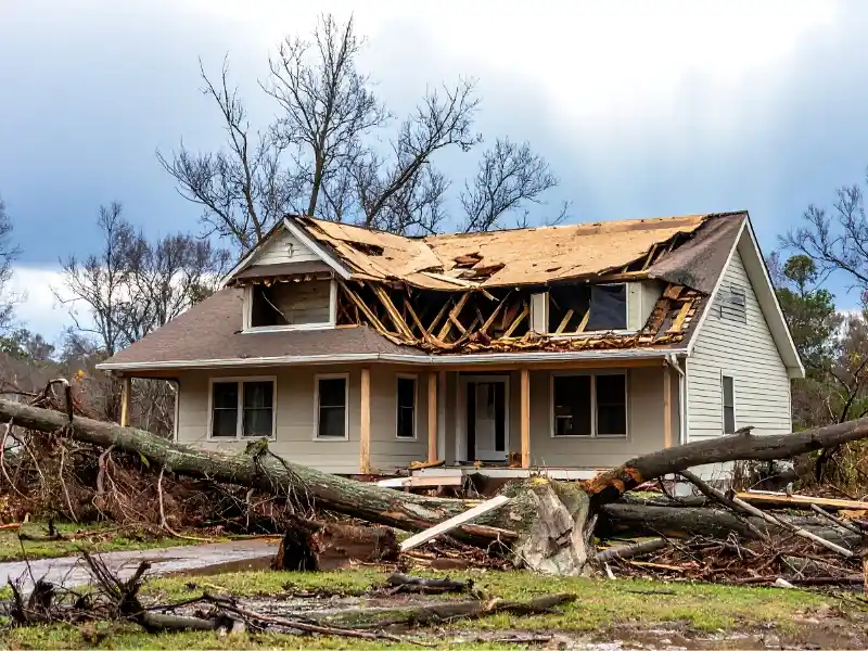 House with a severely damaged roof and fallen trees around it after a storm. storm damage restoration