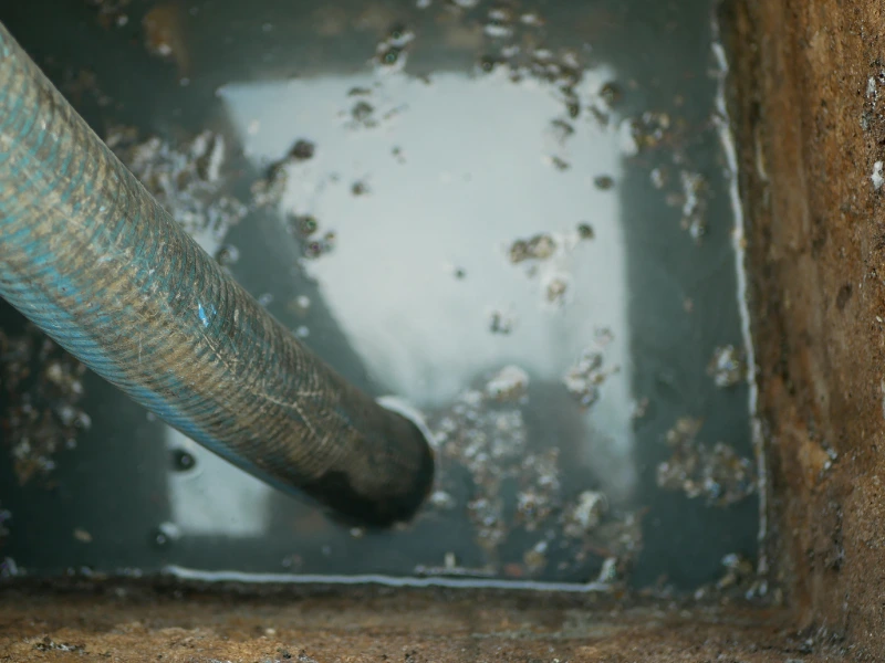 A dirty hose submerged in murky water inside a concrete pit. sewage cleanup services