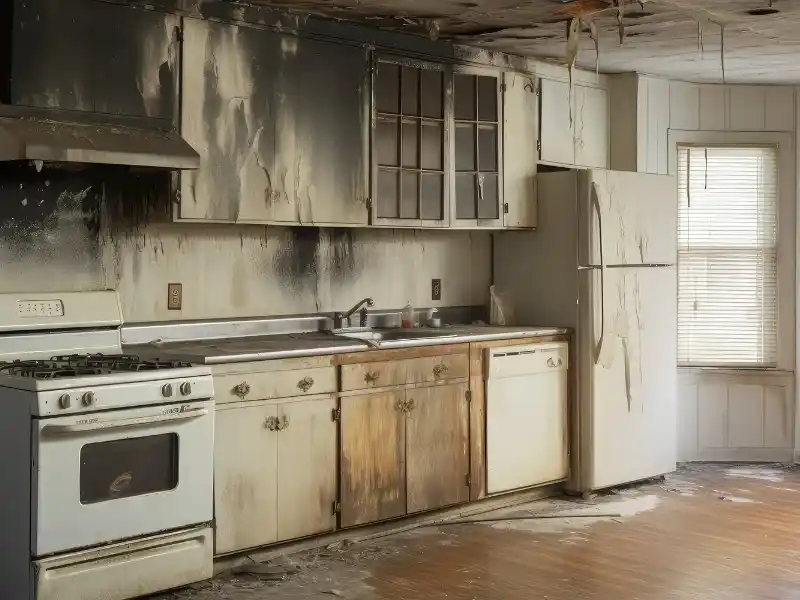 Kitchen cabinets, walls, and ceiling damaged and stained by fire and smoke. fire damage restoration